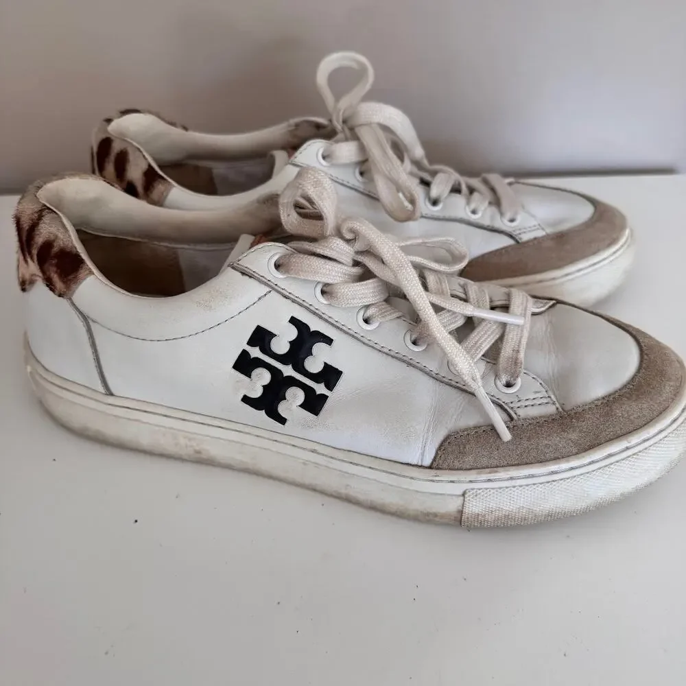 Tory Burch White Leather Andrea Color Block Logo Court Sneakers Womens Size 8